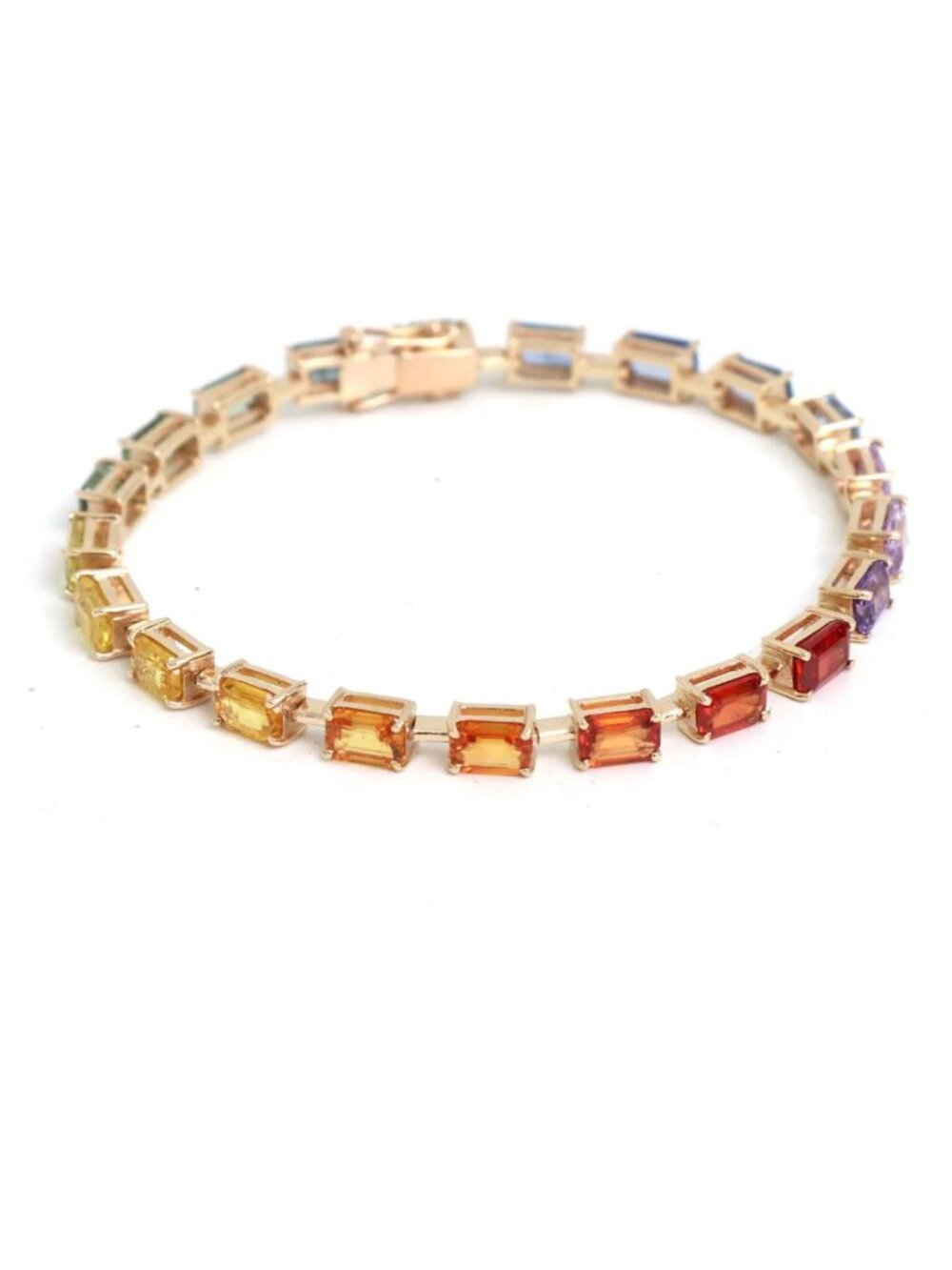Rainbow Sapphire Emerald-Cut 14K (18K Custom) Gold Tennis Bracelet